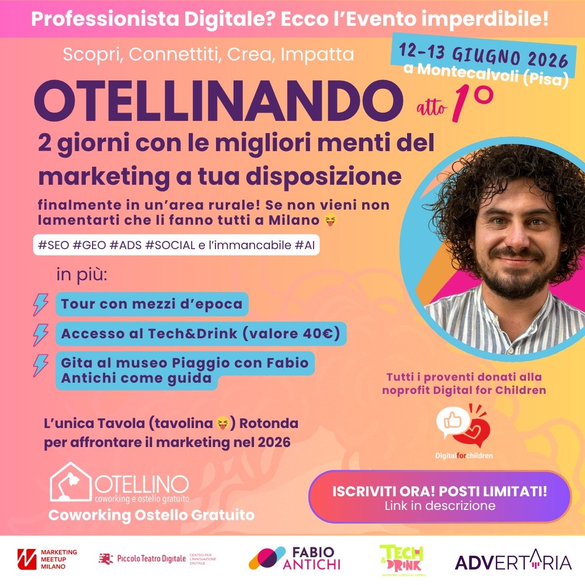 Fabio Antichi sorride sulla locandina di Otellinando, l'evento di marketing in campagna che organizza al suo coworking gratuito Otellino